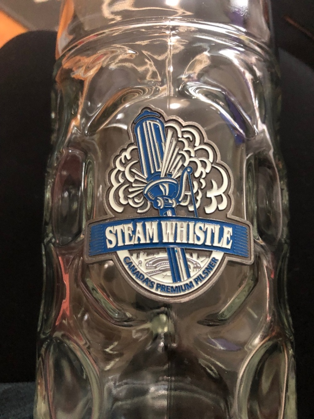 Giant beer mug for Dad glass with logo Steam Whistle 1L